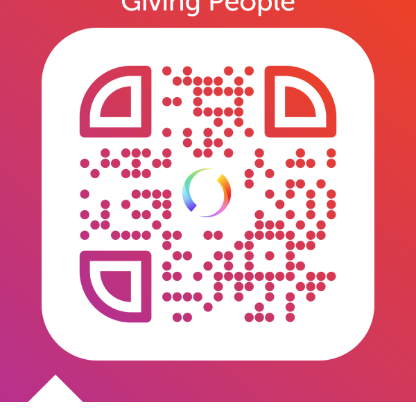 En QR kod till Swish med Swish logotypen i mitten. Över QR koden står det "Giving People" och under QR koden står i en mindre text "Swish. Betala enklare.".